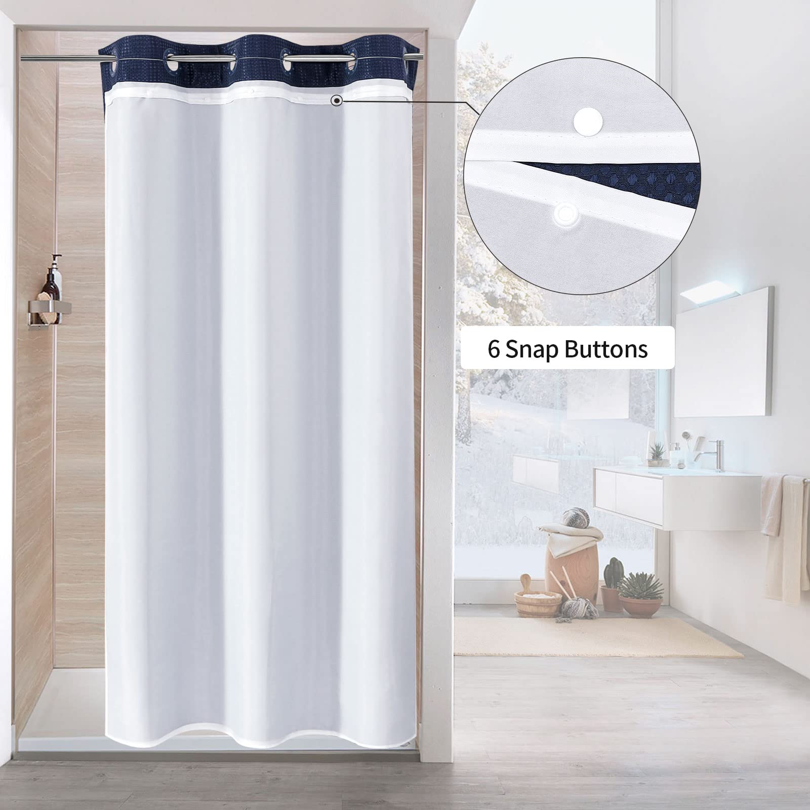 Mitovilla No Hooks Needed Waffle Small Stall Shower Curtain 36 X 74, Navy Blue Half Size Narrow Fabric Cloth Shower Curtain Set
