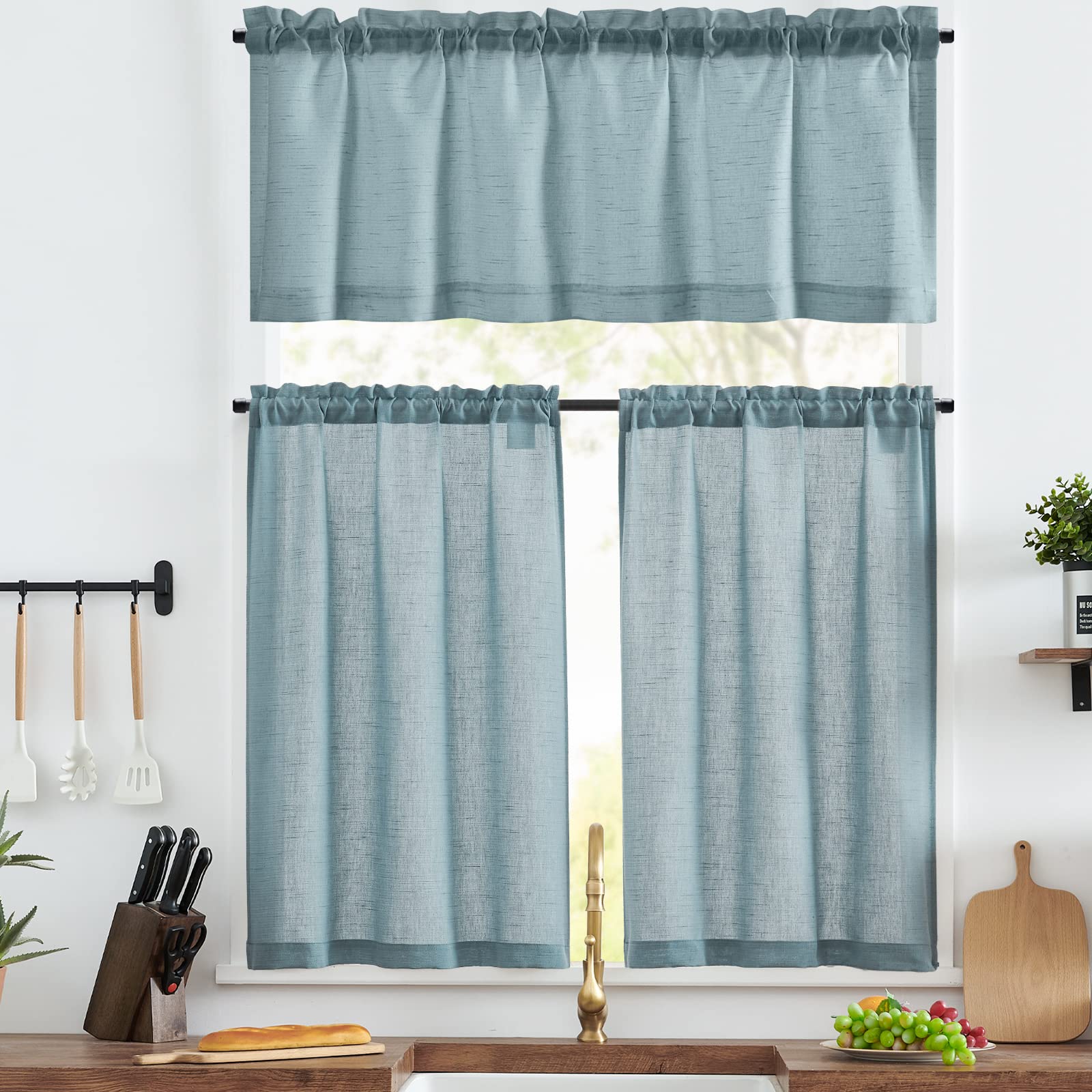 Jinchan Kitchen Curtains And Valances Set 3 Pieces Linen Tiers And Valance 36 Inch Cafe Curtains With Valance Rod Pocket Farmhouse Curtain Set Rustic Country For Laundry Room Bathroom Rv Blue