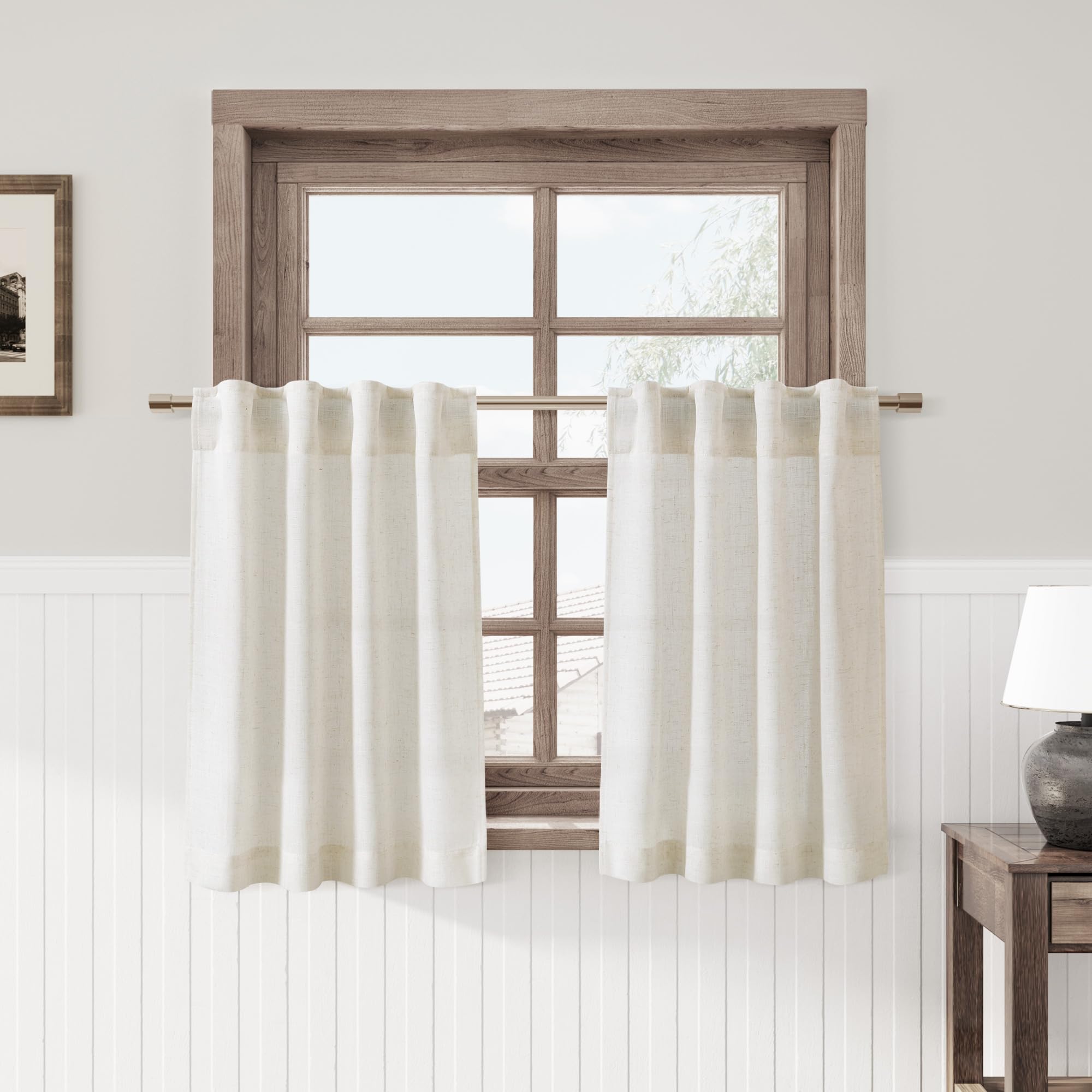 Cream Linen Kitchen Curtain 24 Inch Length 2 Panel Set Back Tab Rod Pocket Modern Neutral Short Cafe Curtains Light Filtering Sh
