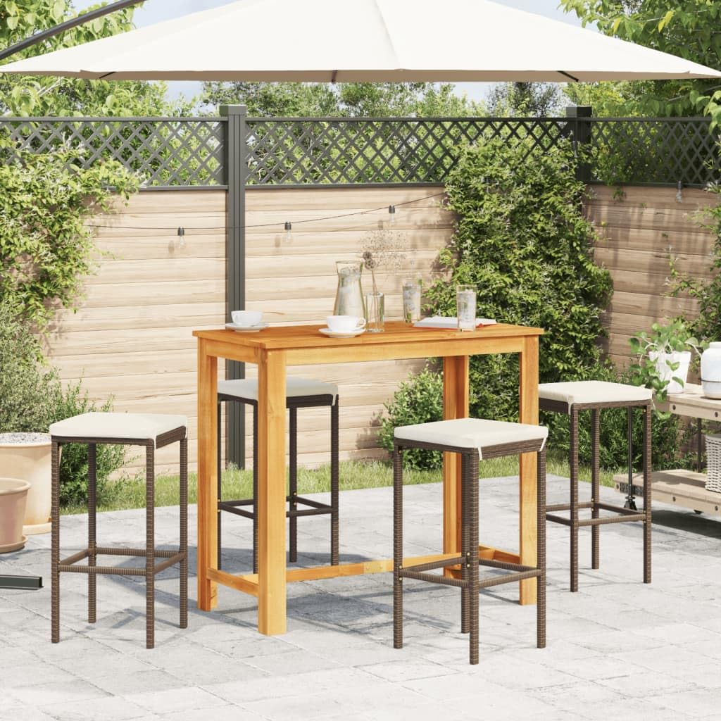 vidaXL 5-Piece Patio Bar Set - Acacia Wood Table & Poly Rattan Bar Stools with Cushions, Brown/Cream for Outdoor Dining