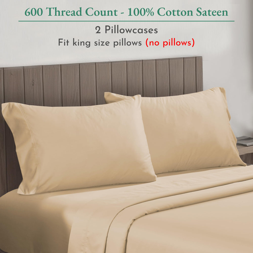 California Design Den Luxuriously Soft Hotel Quality 600 Thread Count, 100% Cotton, Crisp & Cool King Pillowcases Set Of 2, Fits King Size Pillows (Tan-Beige)
