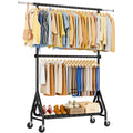 JIEJIERUI Heavy Duty Clothes Rack for Hanging Clothes, Double Rods Clothing Rack with Lockable Wheels, Rolling Garment Racks wit