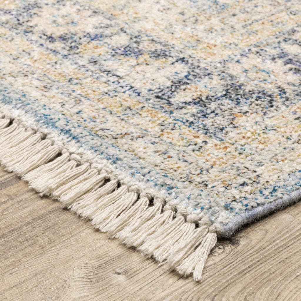 HomeRoots 509473 10 x 13 ft. Blue & Beige Oriental Hand Loomed Stain Resistant Rectangle Area Rug with Fringe