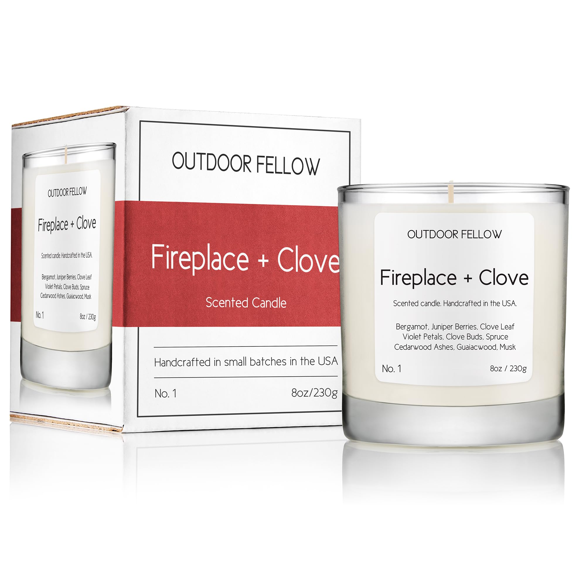 Outdoor Fellow Fireplace and Clove Scented Candle, 8oz, Coconut & Apricot Wax Blend, Bergamot, Clove Buds, Cedarwood, Reusable G