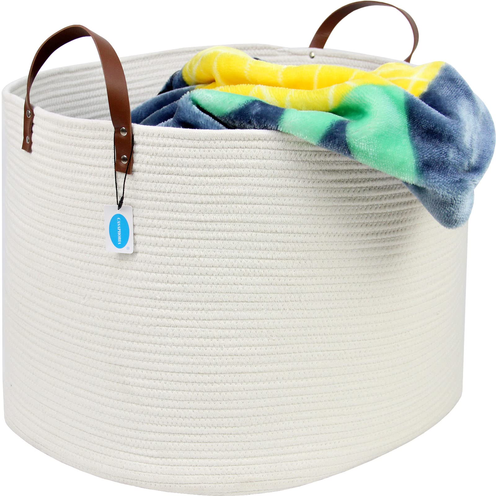 Casaphoria Extra Large Woven Cotton Rope Storage Basket For Organizing Towels Blanket Laundry Baskets For Bathroom,White Tall La