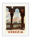 Venezia (Venice) Italy - Gondolas on Grand Canal - St. Marks Basilica (Basilica di San Marco) - Vintage Travel Poster c.1938 - 