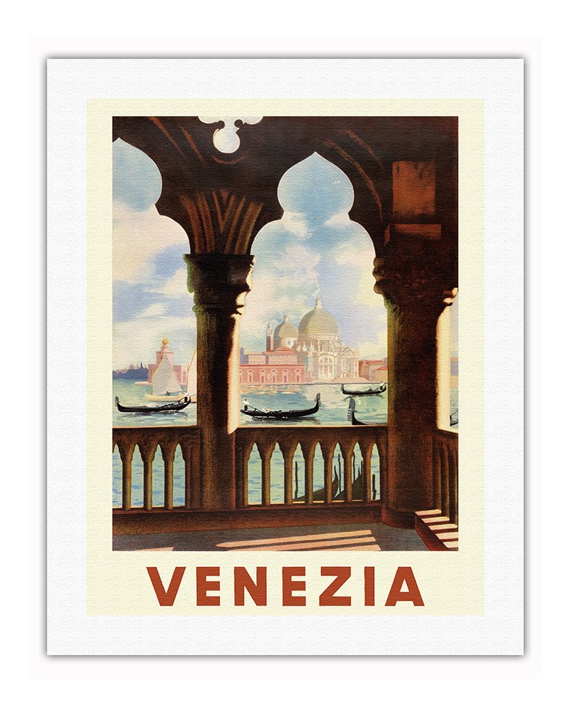 Venezia (Venice) Italy - Gondolas on Grand Canal - St. Marks Basilica (Basilica di San Marco) - Vintage Travel Poster c.1938 - 
