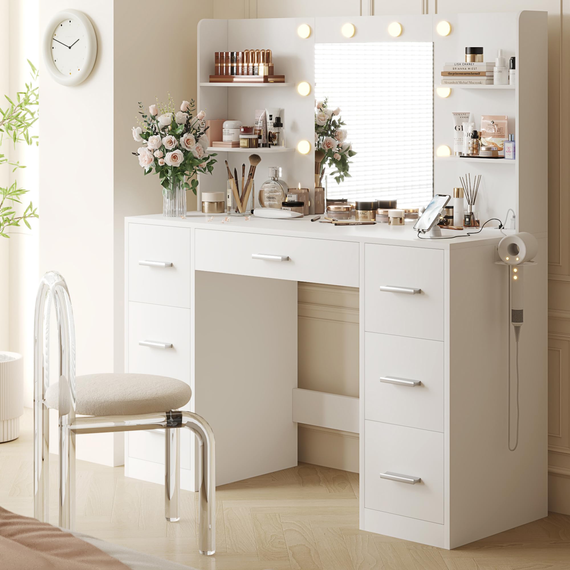 Yeshomy Vanity Desk With Mirror, Power Outlet And 10 Lights, Makeup Table With 7 Drawers, 3 Color Modes Available For Bedroom, White