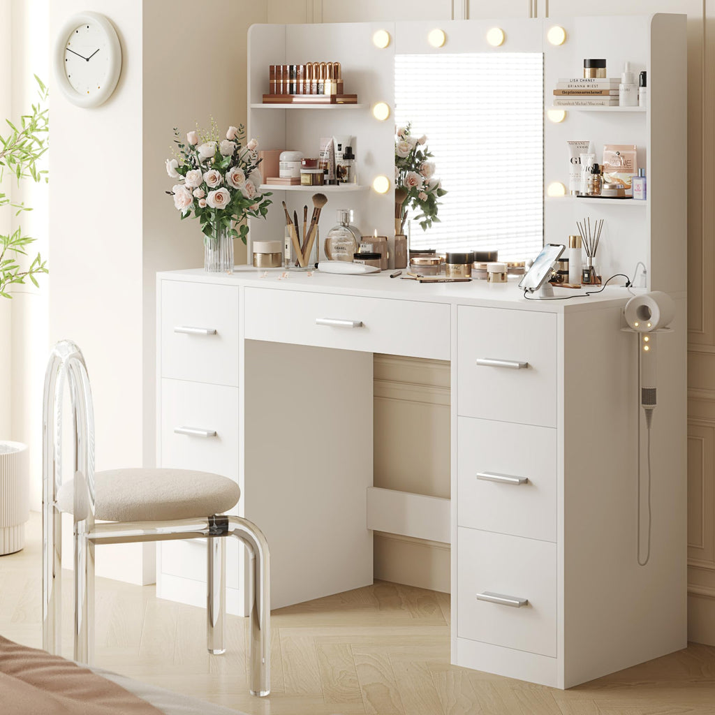 Yeshomy Vanity Desk With Mirror, Power Outlet And 10 Lights, Makeup Table With 7 Drawers, 3 Color Modes Available For Bedroom, White