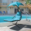 Geniqua Patio Hanging Chaise Outdoor Lounger Padded Cushion Swing Hammock Chair w/Sun Shade Canopy Umbrella Stand [Blue]