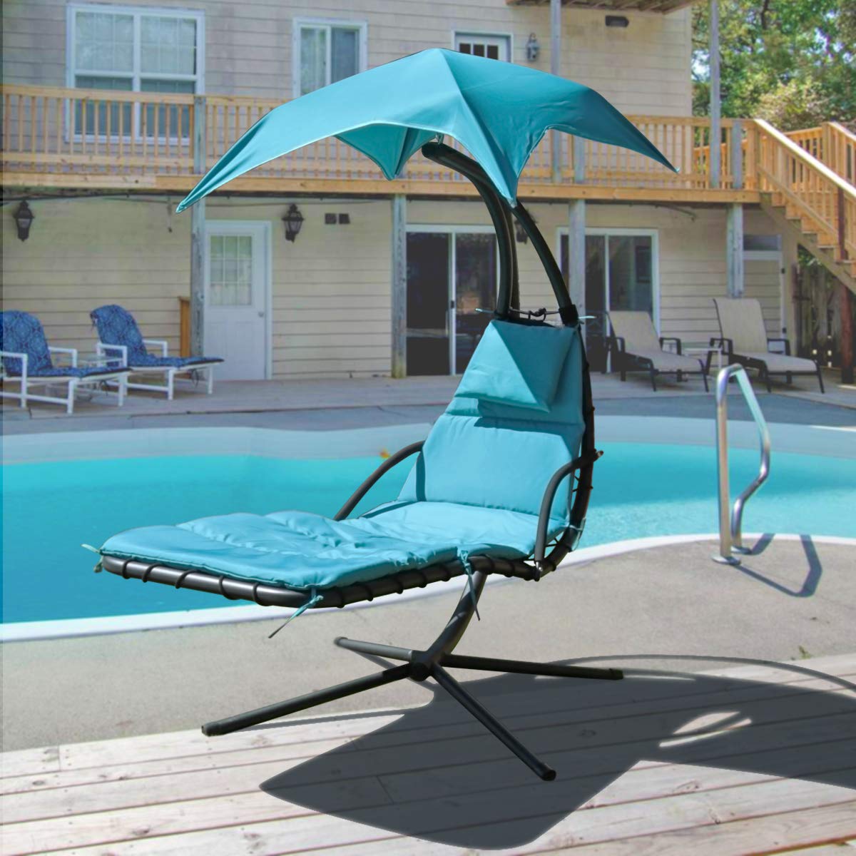 Geniqua Patio Hanging Chaise Outdoor Lounger Padded Cushion Swing Hammock Chair w/Sun Shade Canopy Umbrella Stand [Blue]