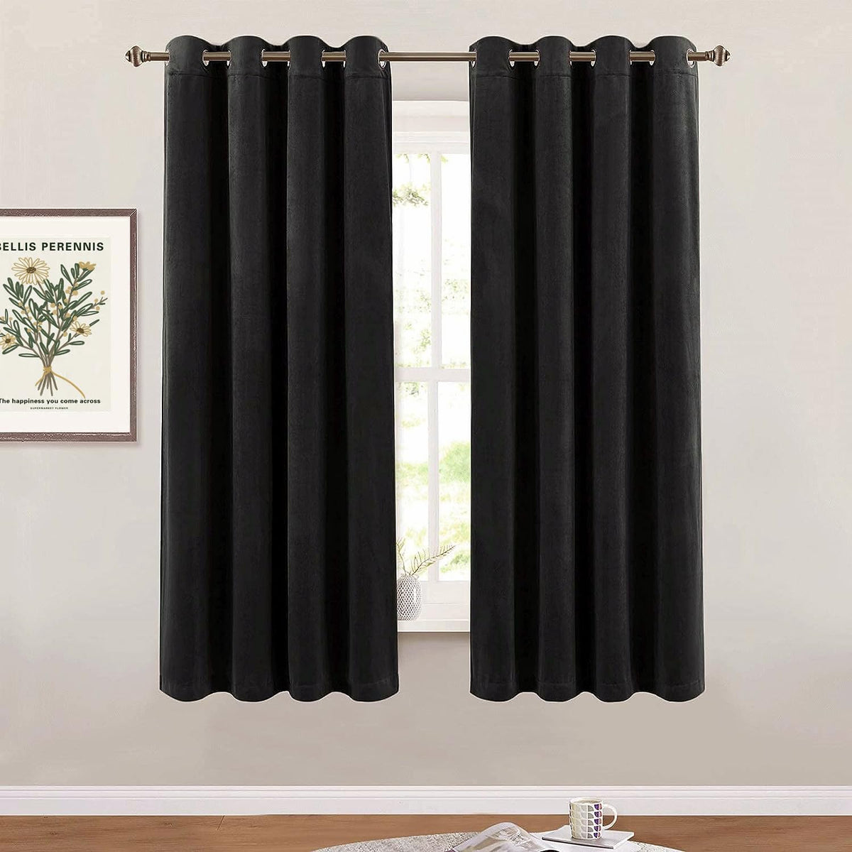 SMILETIME Black 63 in Long Velvet Curtains with Grommet, Thermal Insulated Super Soft Privacy Noise Reducing Light Blocking Velv