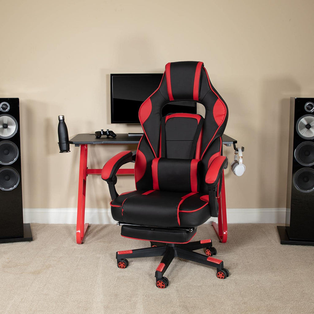 Flash Furniture Red Gaming Desk With Cup Holder/Headphone Hook & Red Reclining Back/Arms Gaming Chair With Footrest