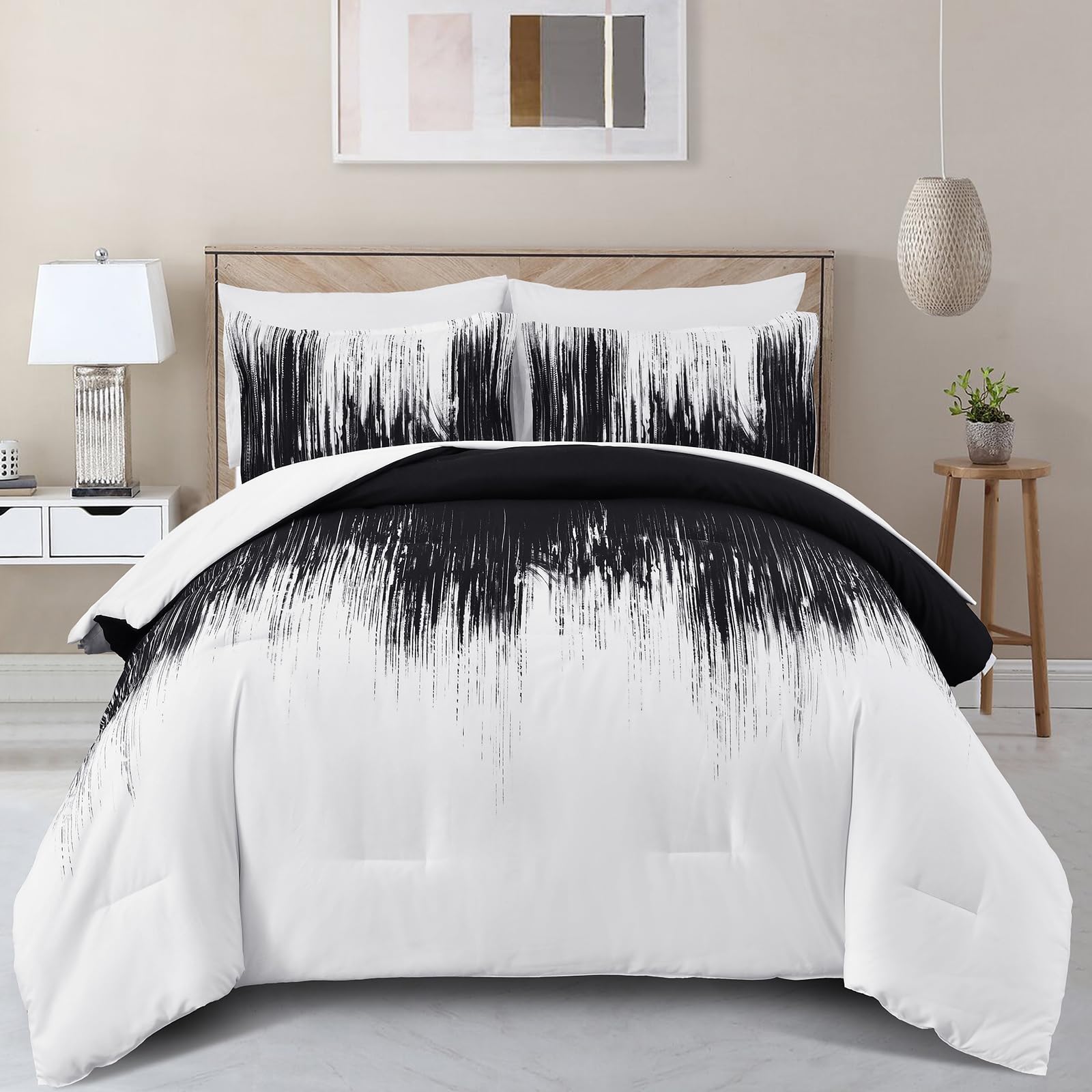 Dinjoy Ombre Black Comforter Set Full Size Gradient Black White Boho Bedding Set For Teen Men Women 7 Pieces Bed In A Bag Bohemi