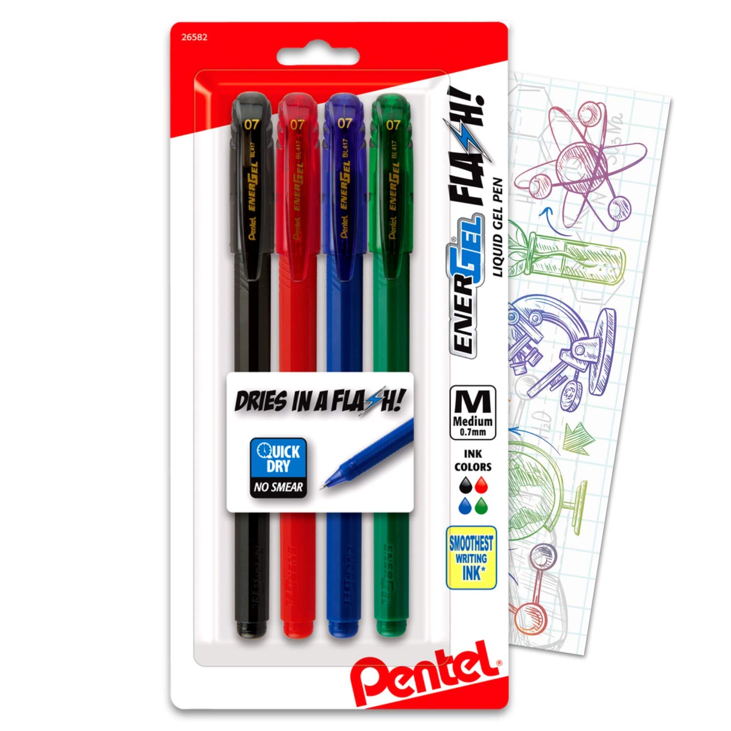 Pentel Energel Flash! Liquid Gel Stick Pen, (0.7Mm) Medium Line, Metal Tip, Energel Black, Red, Green, Blue Colored Ink, 4-Pack