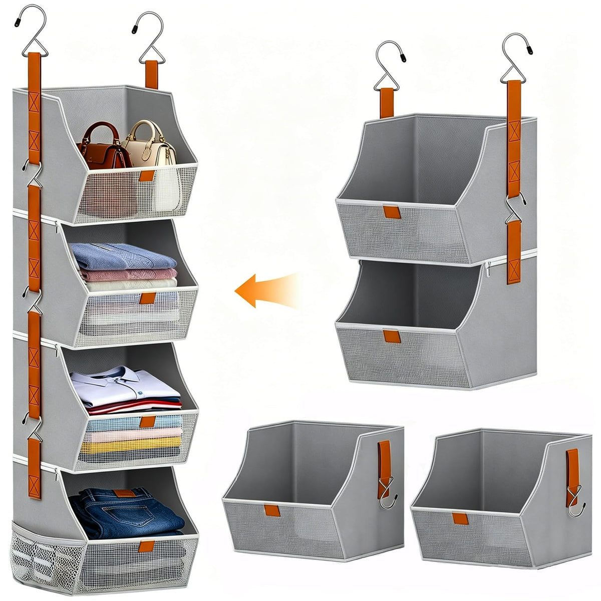 Fabric Hanging Closet Clothes Organizers and Storage Detachable 4 Tier