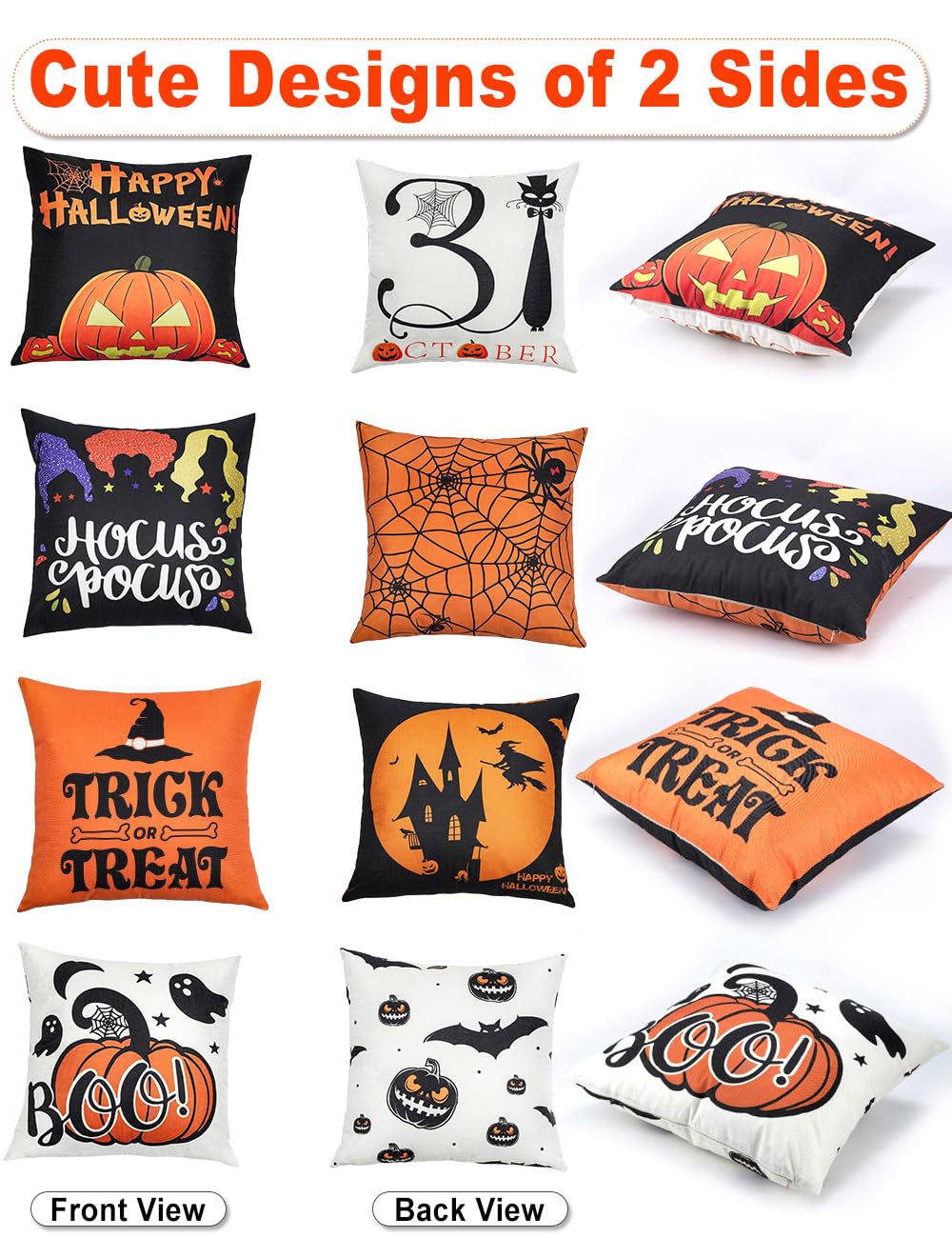 Halloween Decorations Double-Side Printing Pillow Covers 18'' X 18'' Set Of 4, With 8 Cute Halloween Decor Patterns, Elegant Inv