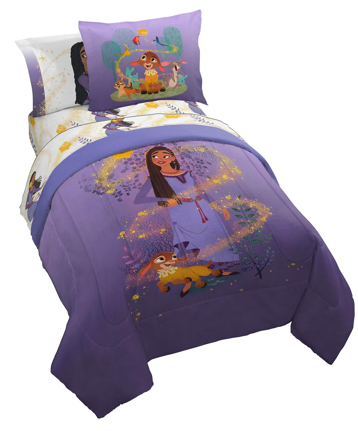 Disney Wish Twin Comforter Set - 5 Piece Bed Set Includes Sheet Set & Pillow Covers - Super Soft Kids Bedding Features Asha, Val
