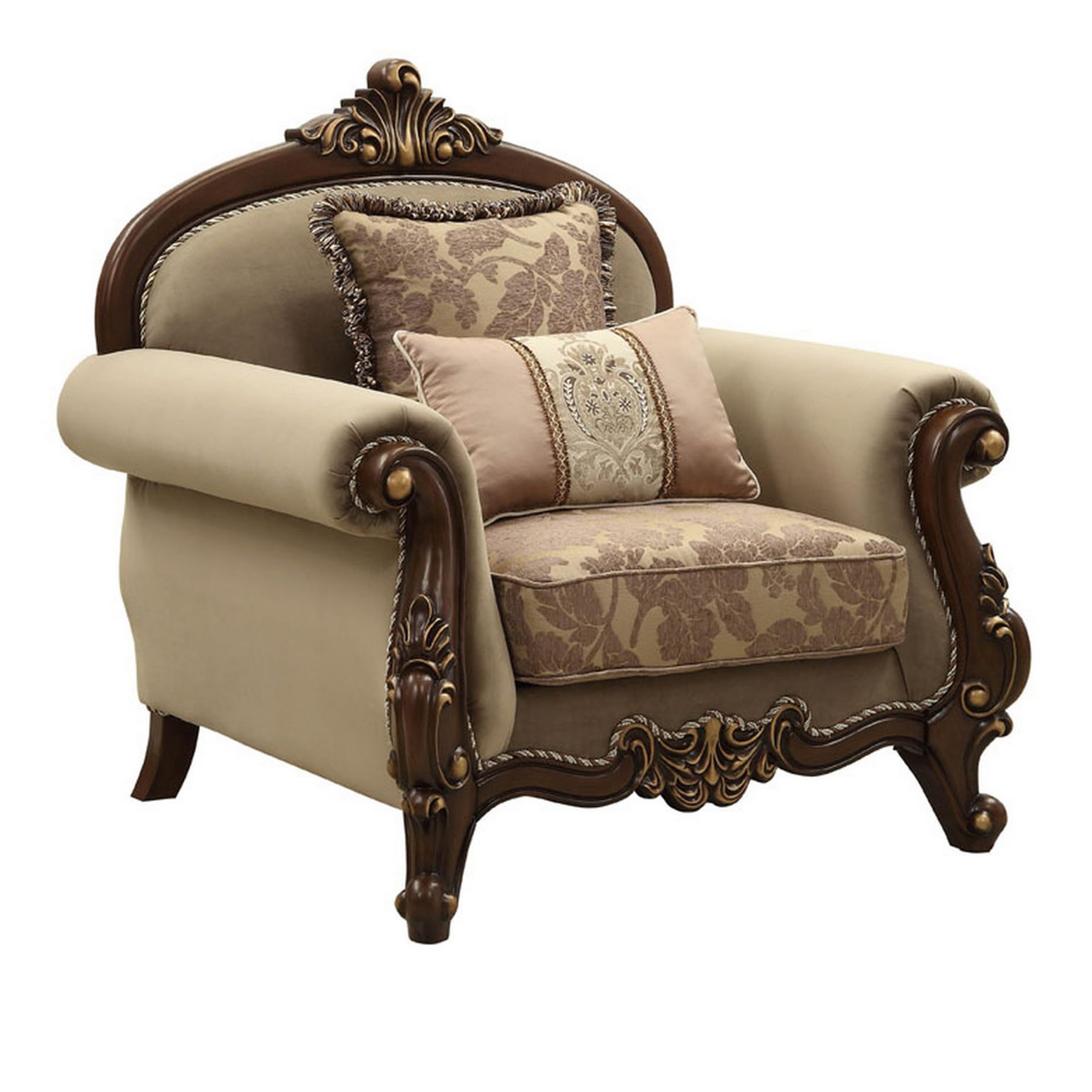 Benjara Benzara Wooden Chair With Pillows, Brown