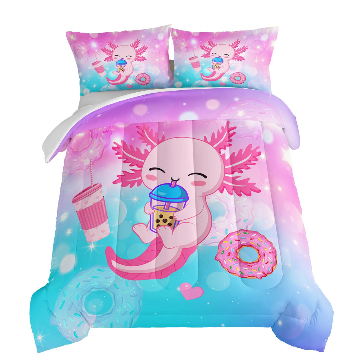 Hosima Axolotl Twin Comforter Set Cute Animal Bedding Room Decor For Teen Girls Dessert Milk Tea Donut Bed Princess Toddler Bedd