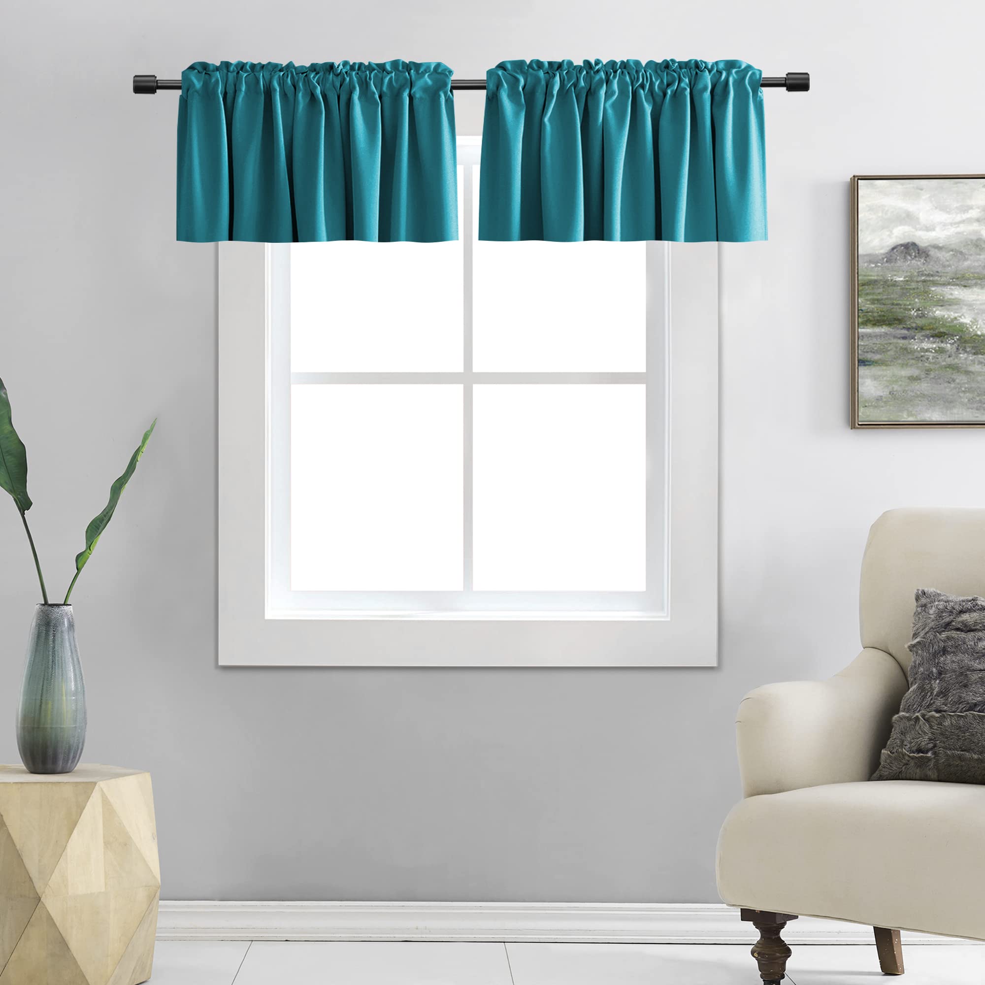 DONREN Teal Window Curtain Valances for Kitchen - Room Darkening Valances for Window with Rod Pocket (52 by 16 Inch,2 Panels)