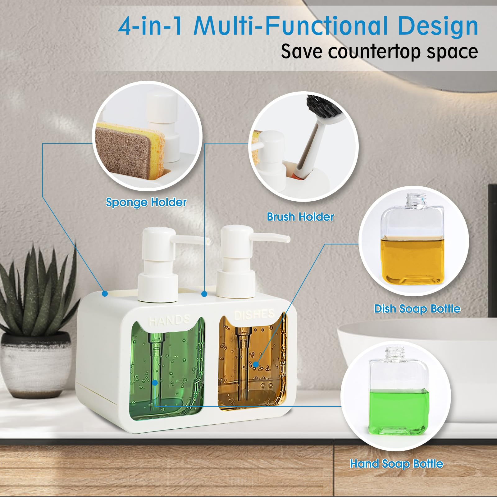 Kitchen Soap Dispenser Set, With Hand And Dish Soap, Sponge Caddy And Brush Holder 4-In-1 Kitchen Dual Soap Dispenser Set For Ki