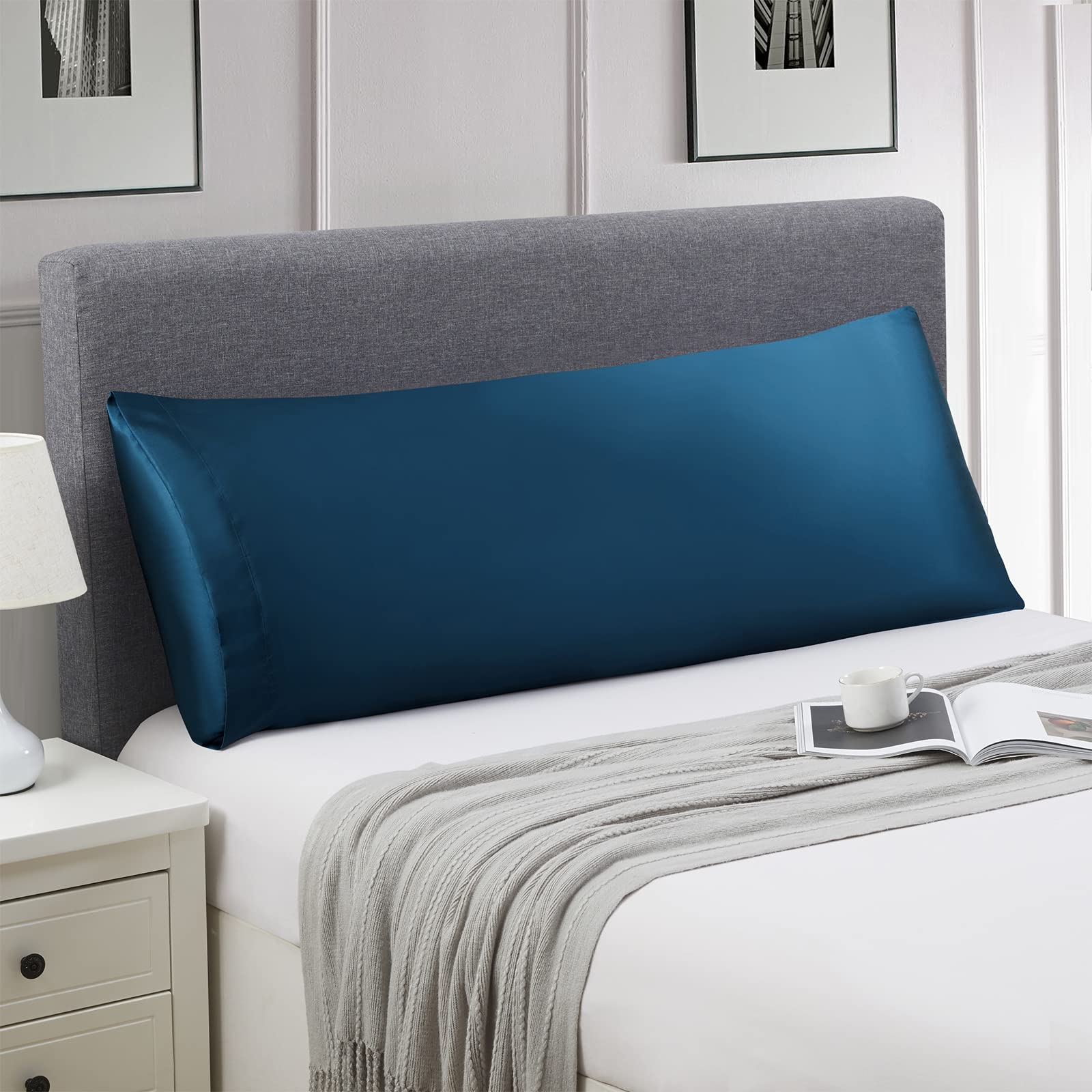 Ersmak Satin Body Pillow Cover, 20X54 Inches Navy Blue Ultra Soft Satin Body Pillow Case For Hair And Skin, Silky Slip Cooling L