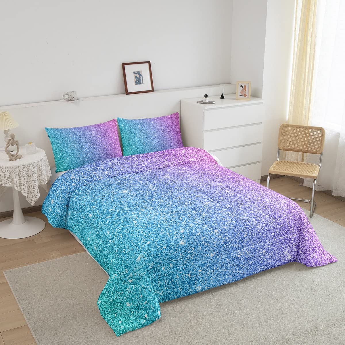 Colorful Glitter Bedding Full Girly Turquoise Teal Blue Pink Pastel Girls Comforter Set 3 Pcs Trendy Quilt Duvet For Kid Women D