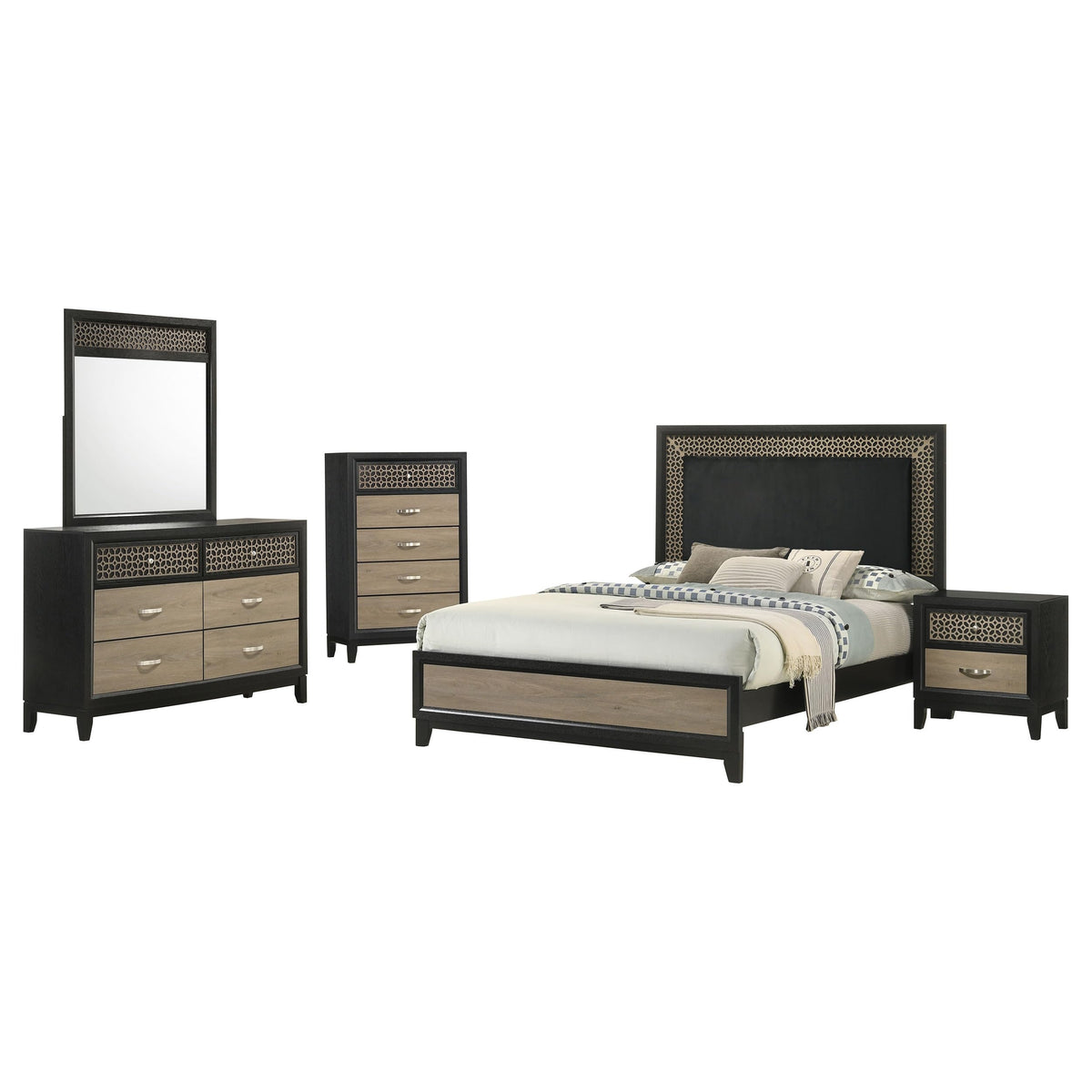 Coaster Home Furnishings Valencia Contemporary 5-Piece Bedroom Set Eastern King Size Panel Bed Frame 56-inch Headboard Black 223041KE-S5