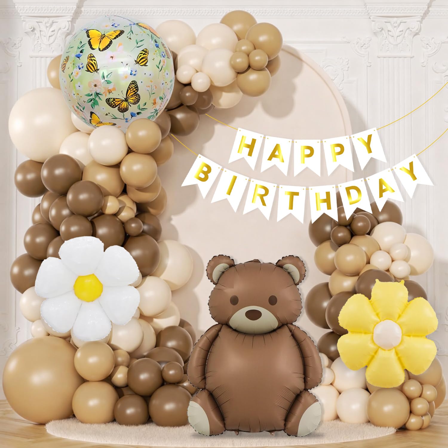 Velunza Teddy Theme Birthday Decoration Kit With Teddy Foil Balloon, Butterfly And Flower Foil Balloons, Happy Birthday Banner A