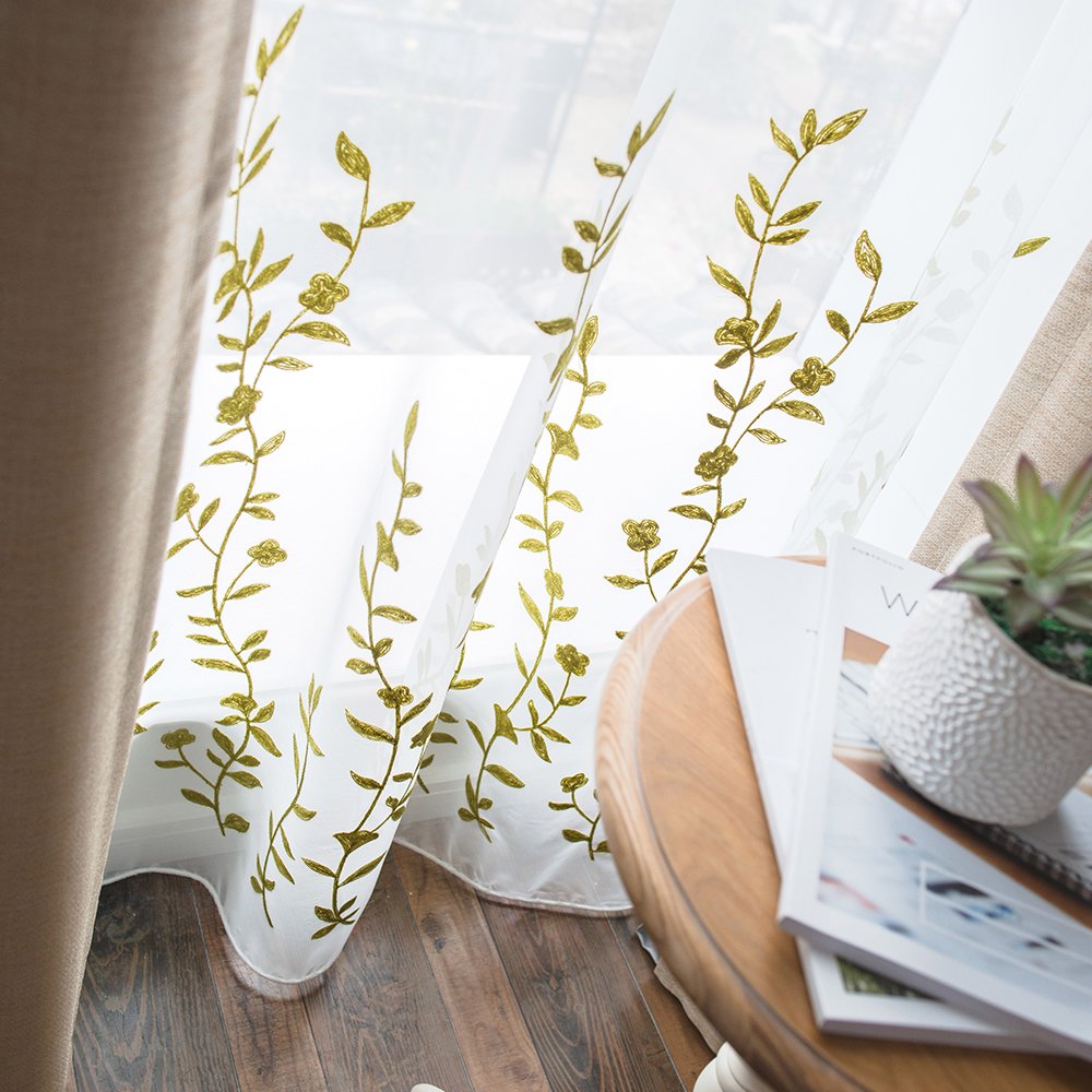 Melodieux Flower Embroidery Sheer Curtain for Living Room Patio Sliding Door Wide Window Rod Pocket Voile Drape, White/Green, 10