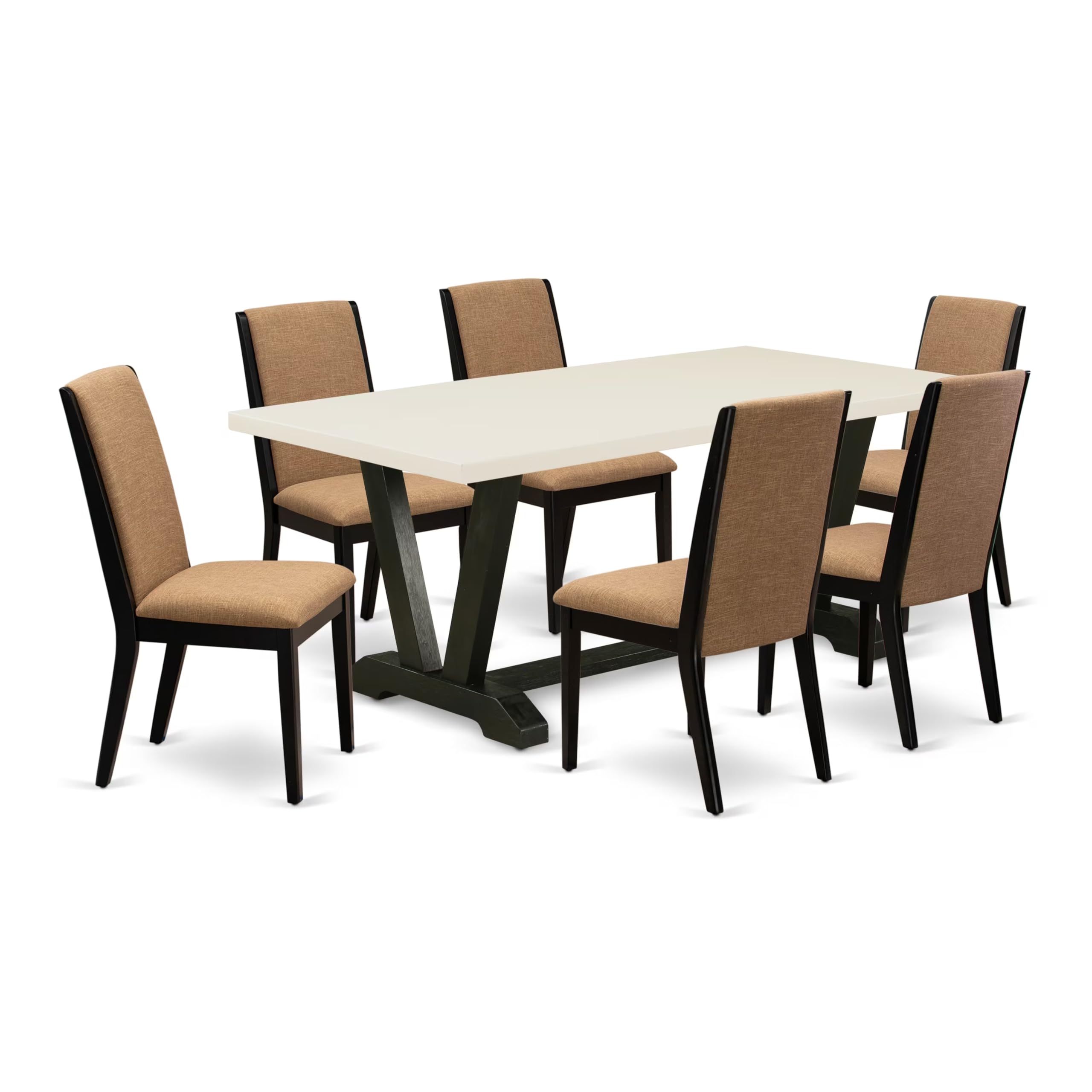 East West Furniture V627La147-7 7 Piece Modern Dining Table Set Consist Of A Rectangle Wooden Table With V-Legs And 6 Light Sable Linen Fabric Upholstered Chairs, 40X72 Inch, Multi-Color