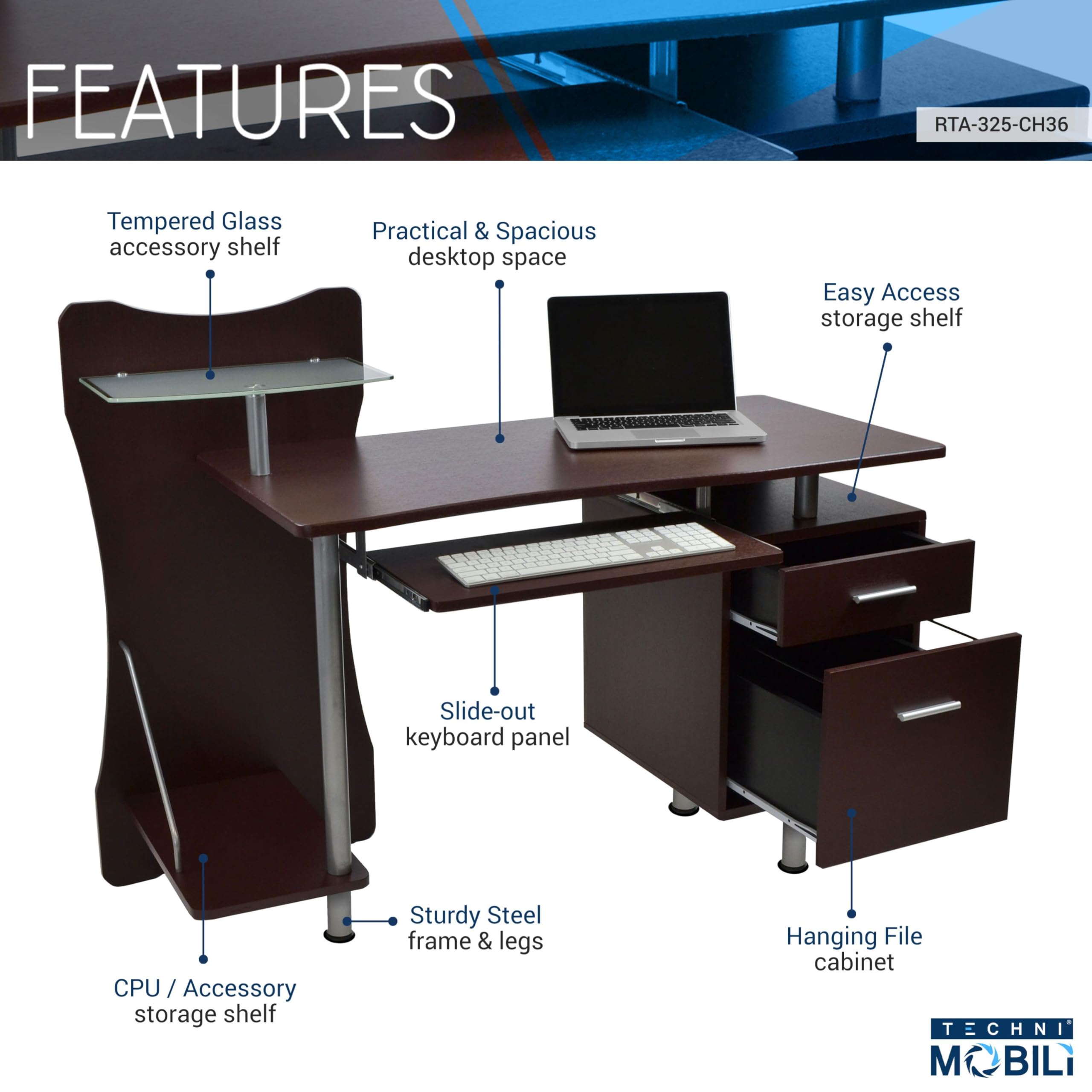 51'' Computer Desk With File Cabinet And Glass Printer Shelf, Stylish Office Desk With Shelves, Drawer, Keyboard Tray, And Floating Desktop, Computer Workstation, Chocolate Brown