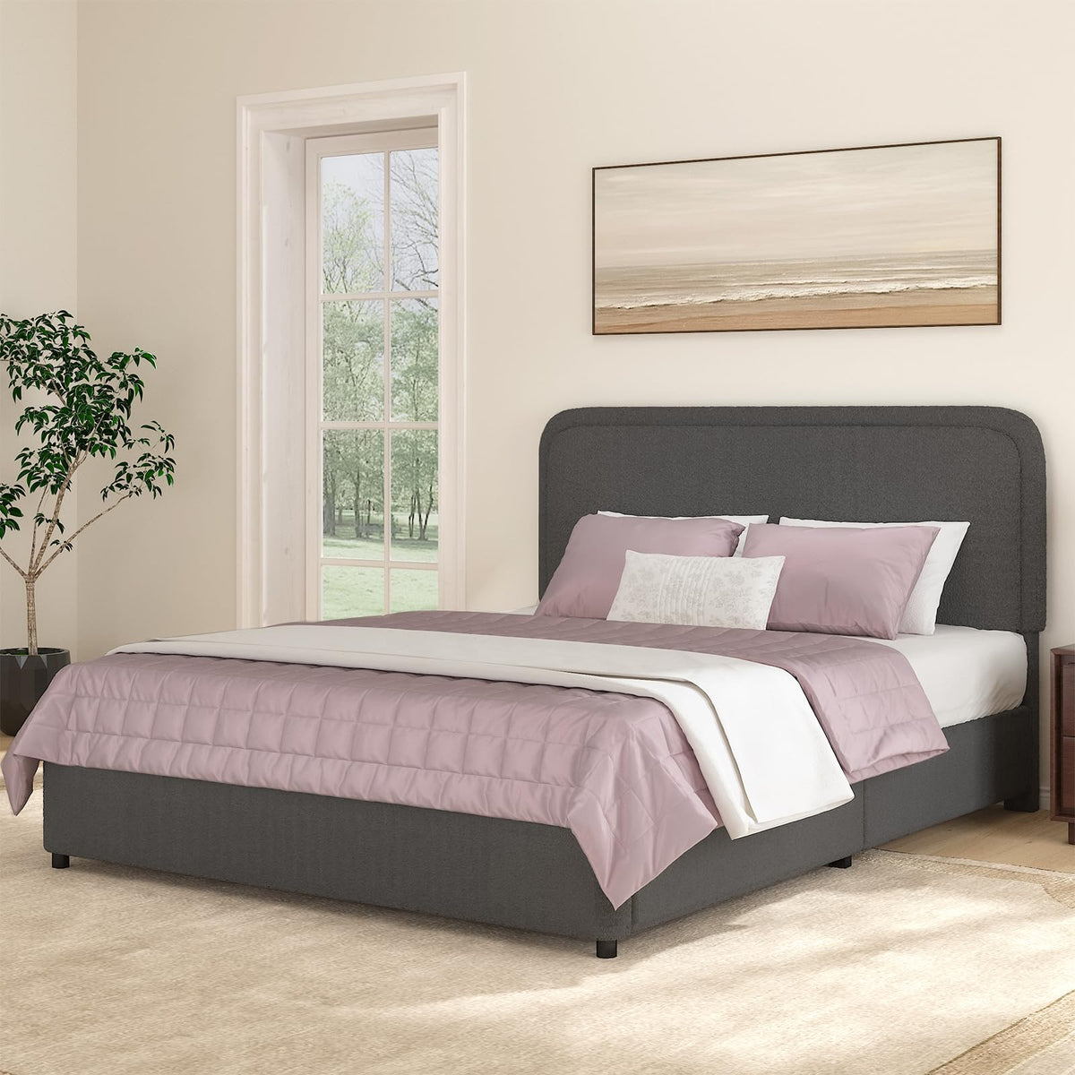 Full Size Boucle Bed Frame, Soft Upholstered Platform Bed With Headboard, Anti-Collision Soft Rounded Corners, Low Profile Bed F