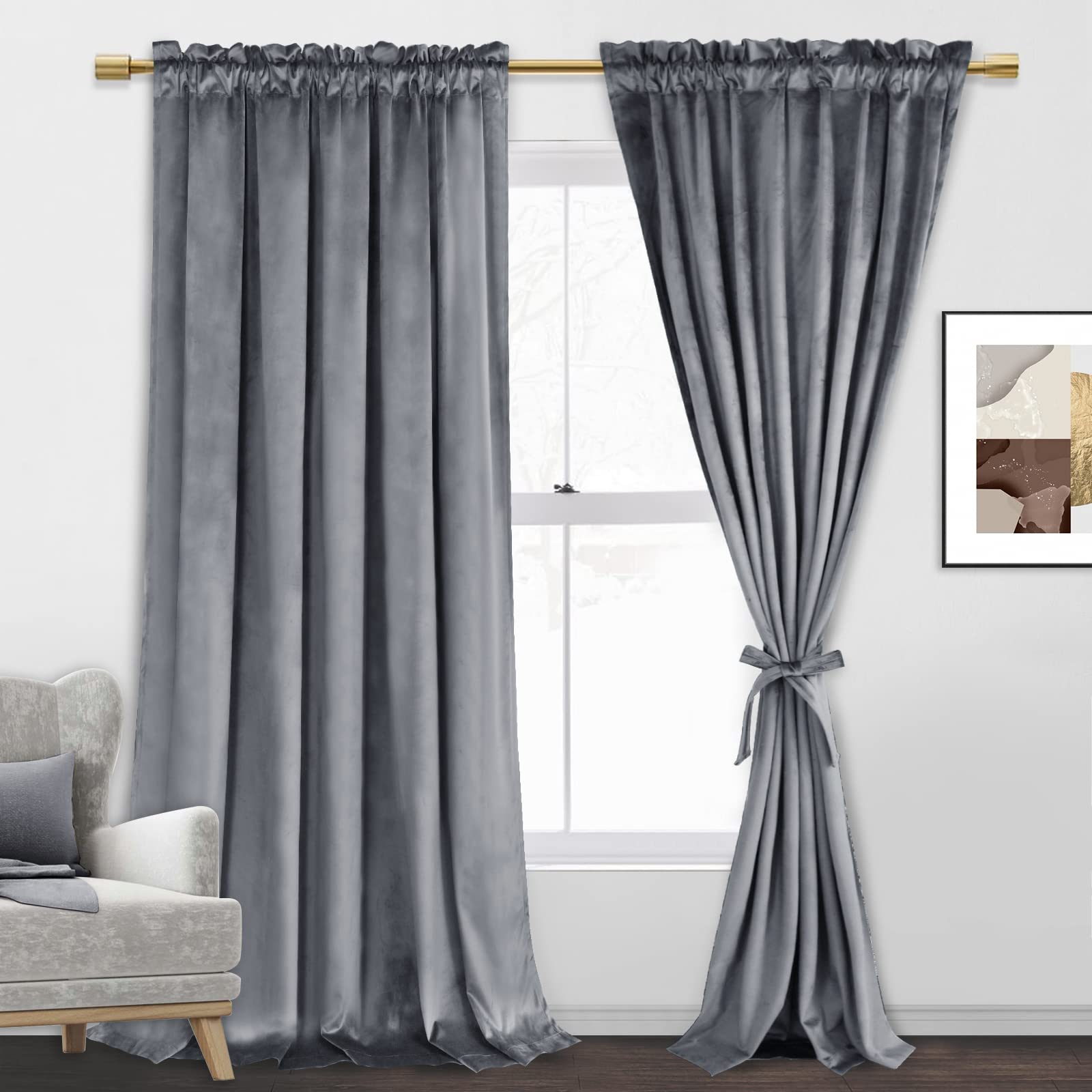 Jiuzhen Grey Velvet Curtains 90 Inches For Living Room - Thermal Insualted Room Darkening Rod Pocket Thick Velvet Window Drapes