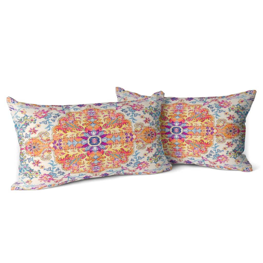 Snycler Orange Blue Ethnic Boho Pillow Covers 12X20 In Boho Carpet Cream Coral Floral Decorative Couch Pillow Cases With Zipper
