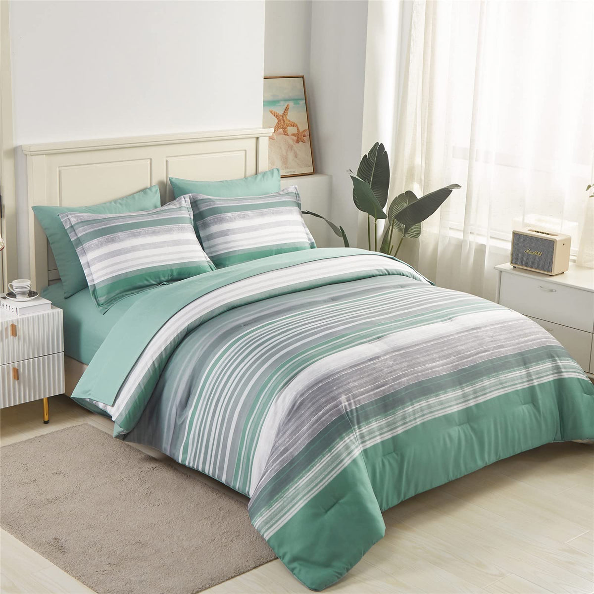 Kakijumn 7 Piece Bed In A Bag Stripe Comforter Set Queen Size, White Grey Sage Green Patchwork Striped Comforter And Sheet Set,