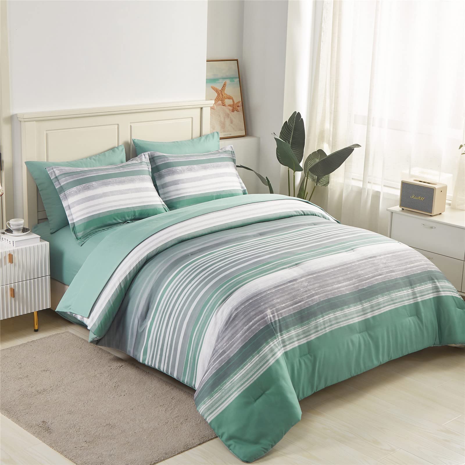 Kakijumn 7 Piece Bed In A Bag Stripe Comforter Set Queen Size, White Grey Sage Green Patchwork Striped Comforter And Sheet Set,