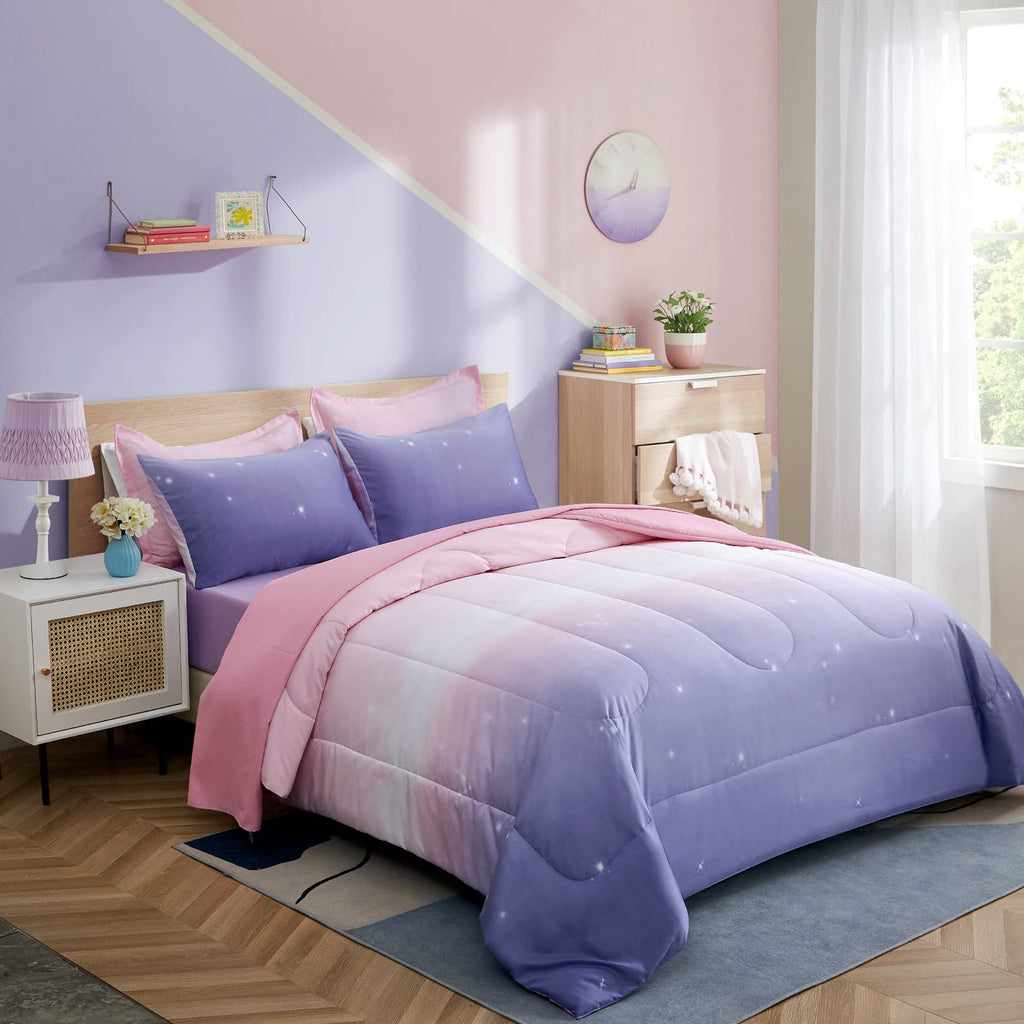Dinjoy Girls Women Comforter Set King Size Ombre Pink Purple Rainbow Bedding Set 7 Pieces Bed In A Bag For Teen Adult (1 Comfort