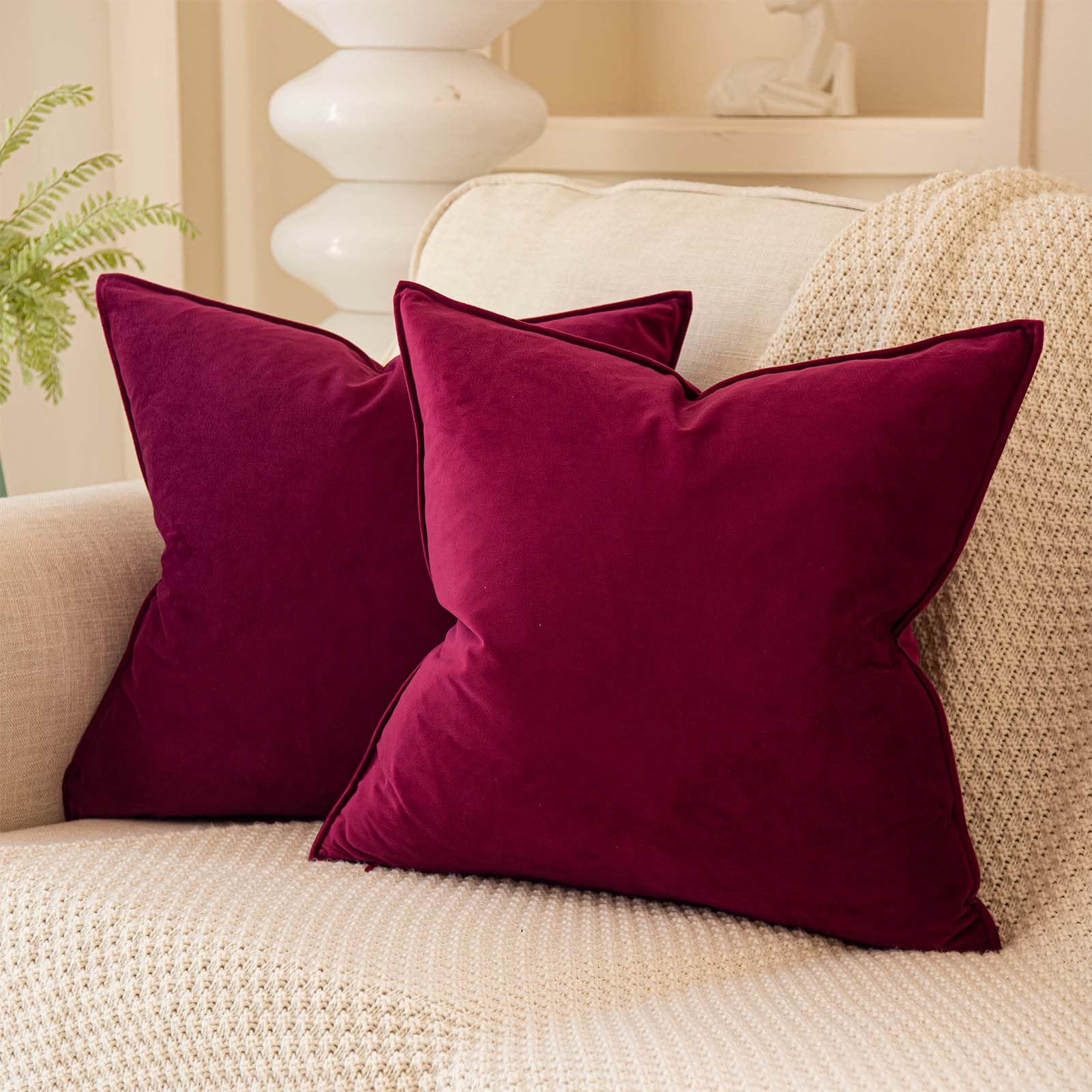 Juspurbet Burgundy Christmas Decorative Velvet Throw Pillow Covers 20X20 Inch Set Of 2,Broadside Soft Square Cushion Case For So