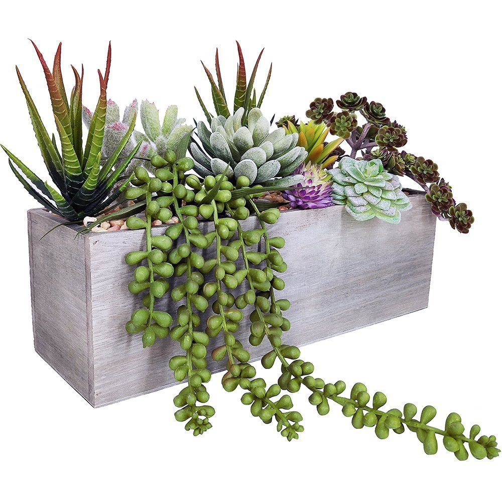 Supla Artificial Potted Succulents Plants Arrangement Fake Succulent Plants In Rectangular Wooden Pot Arrangement For Table Cent