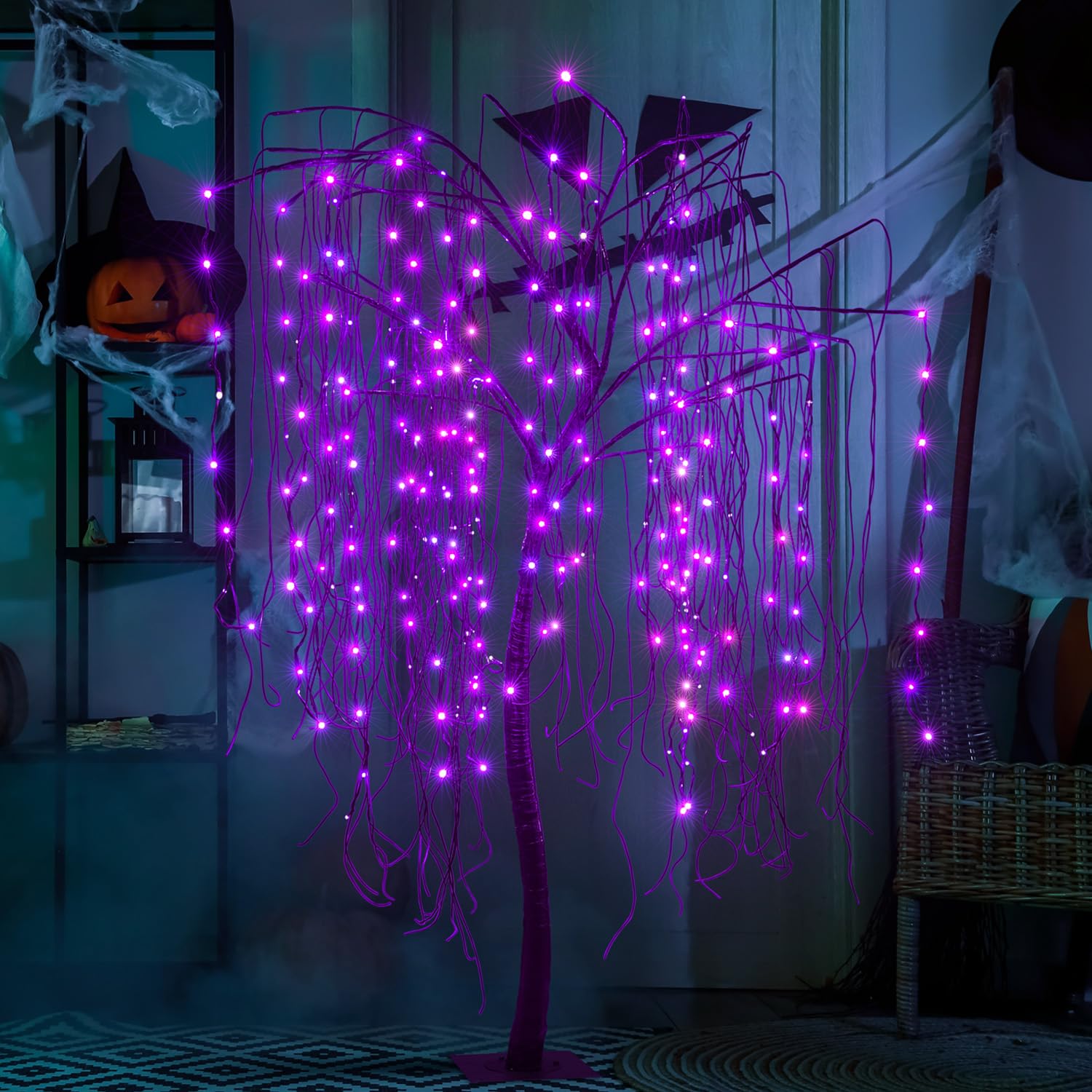 Lightshare 7 Feet Halloween Willow Tree With Spiders, 256 Led Lights For Home, Festival,Nativity, Party, And Christmas Decoratio