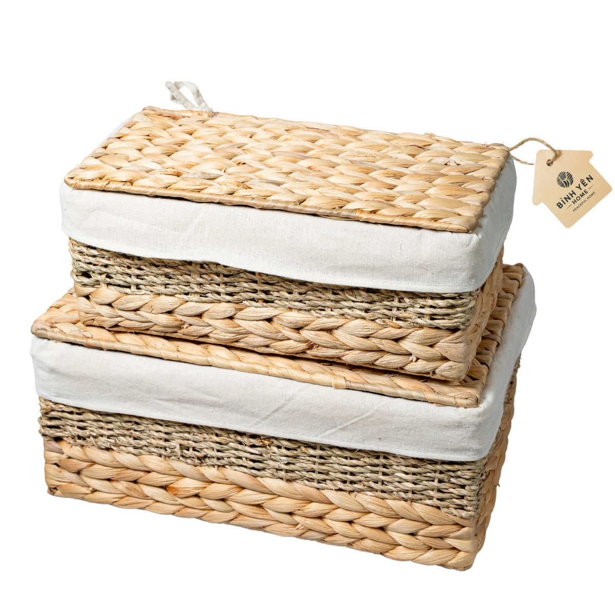 BINH YEN HOME Wicker Storage Baskets with Lid and Lining, Builtin Carry Handles, Set of 2 Handwoven Water Hyacinth Storage Bask