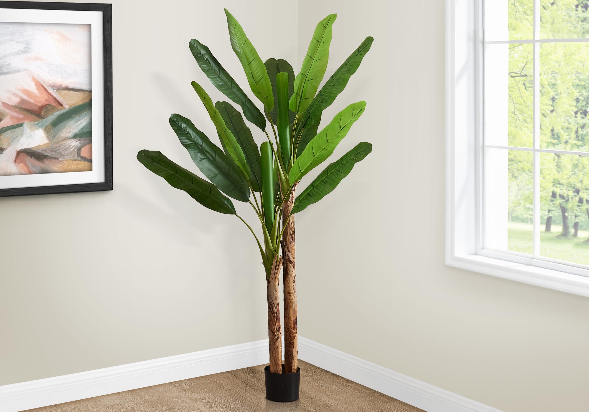 Monarch Specialties I 9593 Artificial Plant, 83' Tall, Banana Tree, Indoor, Decorative, Faux, Floor, Potted, Real Touch, Green Leaves, Black Pot