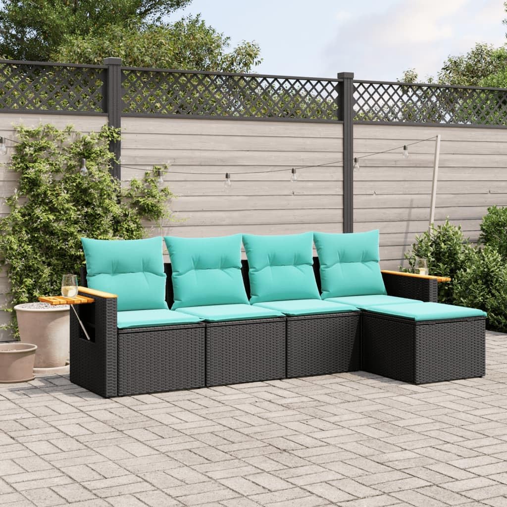 vidaXL Patio Sofa Set with Cushions - 5 Piece Black Poly Rattan Garden Furniture, Outdoor Sofa Set with Storage and Side Table