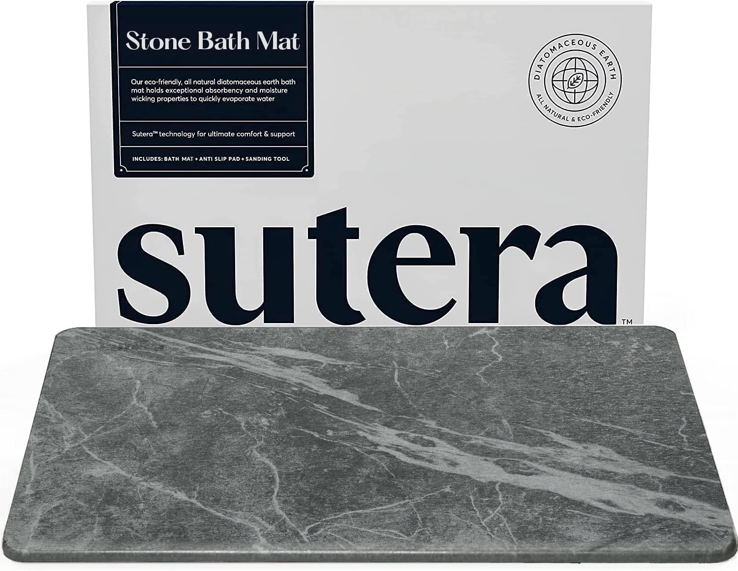 SUTERA  Stone Bath Mat, Diatomaceous Earth Shower Mat, NonSlip Super Absorbent Quick Drying Bathroom Floor Mat, Natural, Easy 