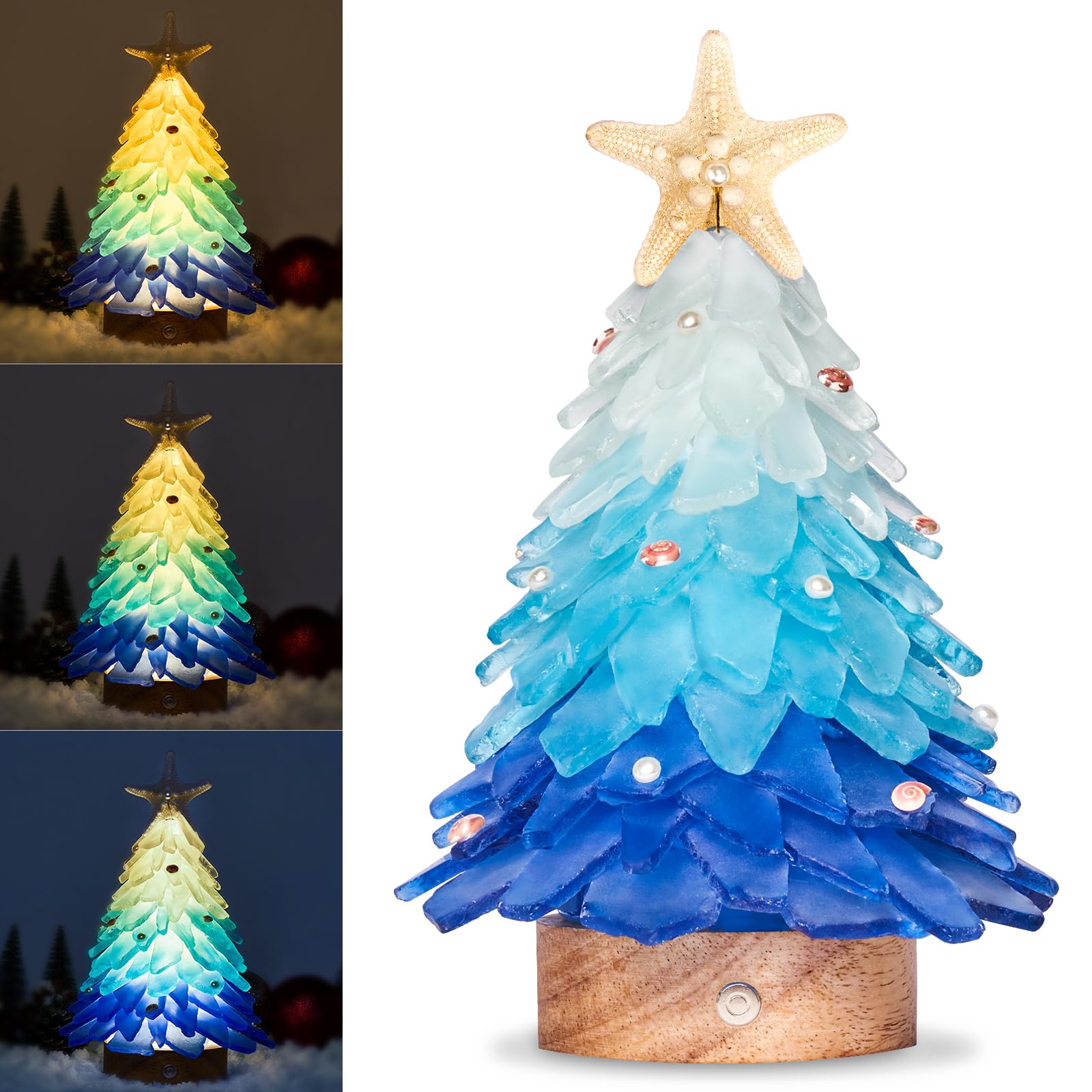 WeDoSoy Sea Glass Christmas Tree - Handcrafted Mini Christmas Tree with LED Lights, Blue Gradient Color, Ideal for Christmas, Ne