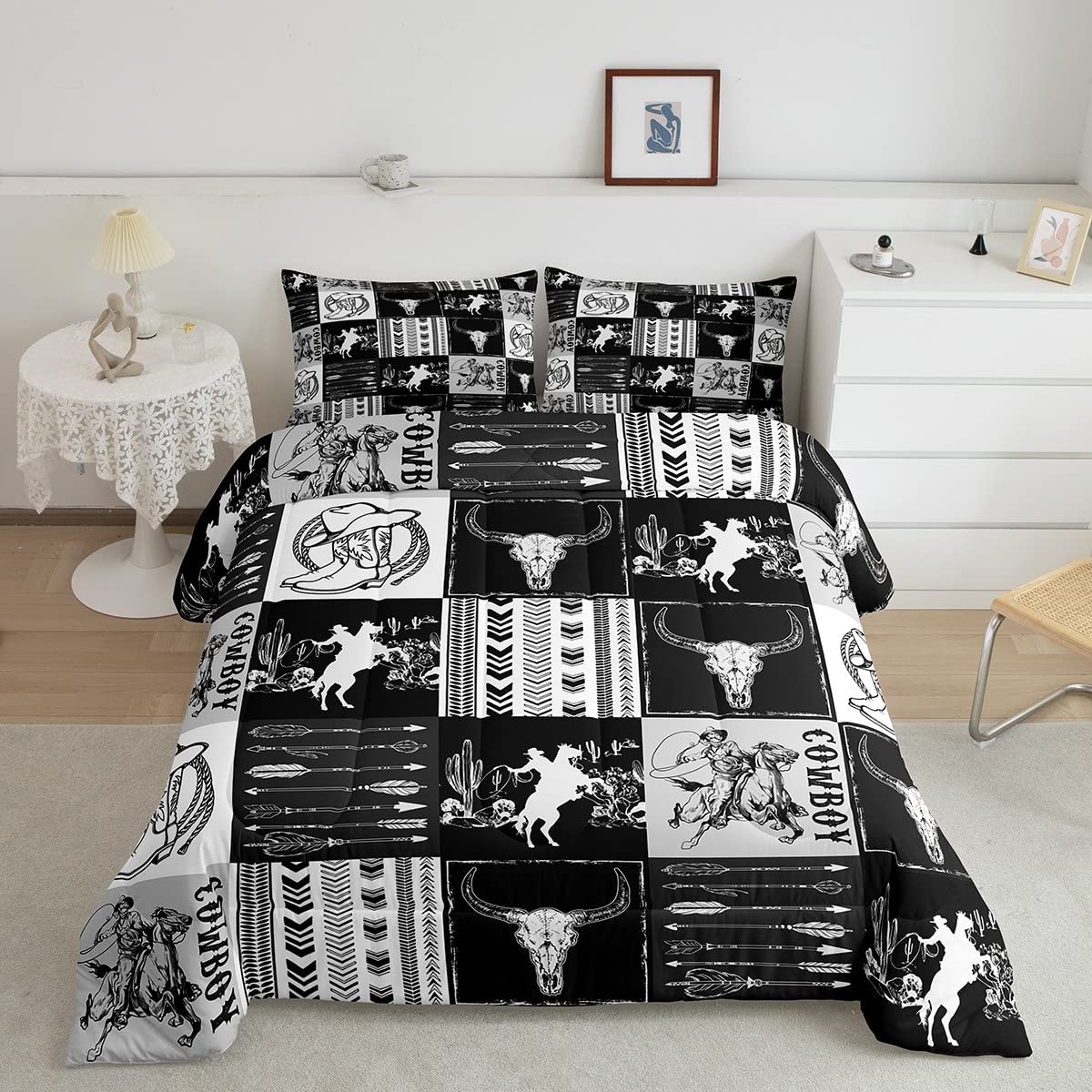 Manfei Western Cowboy Comforter Set Queen Size, Bull Skull Horse Arrow Print Bedding Set 3Pcs For Kids Boys Teens Bedroom Decor,