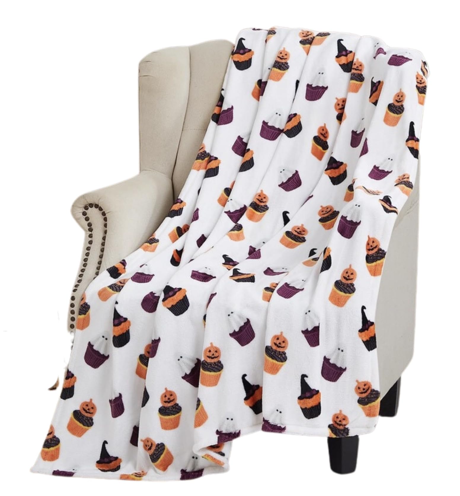 Halloween Throw Blanket: Jack O Lantern Pumpkins and Ghosts Cupcakes Design on Soft Velvet Fleece Throw Blanket