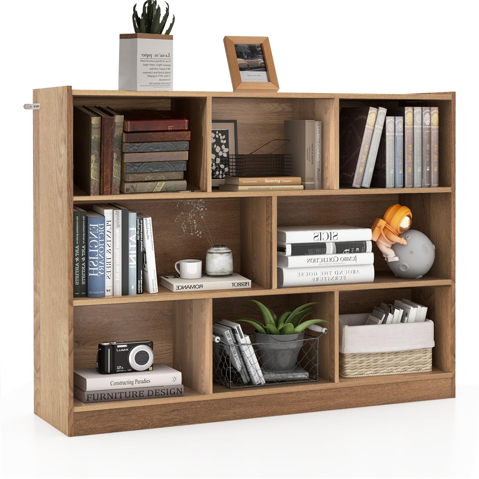 Silkydry Natural Bookcase, 8 Cube Storage Organizer, 3 Tier Horizontal Bookshelf, Open Display Shelf With Anti-Tipped Device, Wooden Low Bookshelf For Office, Living Room, Study, Bedroom (Natural)